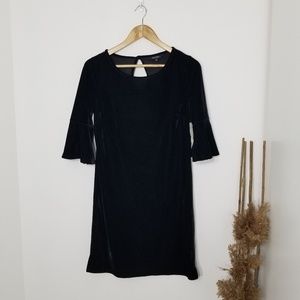 NEW Black Velvet Coquette Bell 3/4 Sleeve Dress Button Back Tie Cocktail XS NWT